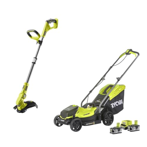 RYOBI Akku-Rasenmäher & Akku-Teleskop-Rasentrimmer 18 V ONE+ Garten Combo-Set | Inkl. 2x4,0 Ah Akkus & Ladegerät | Mäher mit 40 cm Schnittbreite, Schnitthöhenverstellung, 50 L Fangkorb & Mulchfunktion von Ryobi