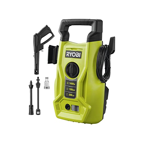 RYOBI 1400W Elektro-Hochdruckreiniger RY100PWA (100bar Druck, 390l/h Födermenge, 40° Wassertemperatur, Aluminiumpumpe, 5m Schlauch, 5m Kabel inkl. Variostrahlrohr) von Ryobi