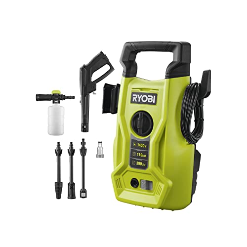 RYOBI 1400 W Elektro-Hochdruckreiniger RY110PWA, 110 bar Druck, 390 l/h Födermenge, 40° Wassertemperatur, Aluminiumpumpe, 5m Schlauch, 5m Kabel, Reinigungsmittelflasche, Vario und Turbo-Lanze von Ryobi