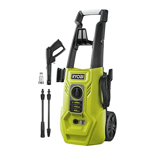 RYOBI 1600 W Elektro-Hochdruckreiniger RY120PWA (120 bar Druck, 420 l/h Födermenge, 40° Wassertemperatur, Aluminiumpumpe, 5m stahlarmierter Schlauch, 5m Kabel, Vario- und Turbo-Lanze) von Ryobi