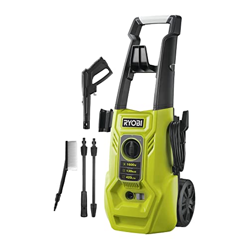 RYOBI 1600 W Elektro-Hochdruckreiniger RY130PWA (130 bar Druck, 420 l/h Födermenge, 40 Wassertemperatur, Aluminiumpumpe, 5m stahlarmierter Schlauch, 5m Kabel, Vario- und Turbo-Lanze, Universalbürste) von Ryobi