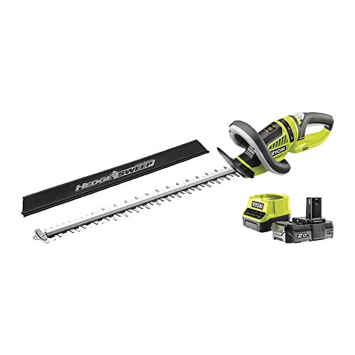 RYOBI 18 V ONE+ Akku-Heckenschere RHT1851R20F (Messerlänge 50 cm, Schnittstärke 22 mm, diamantgeschliffene Klingen, drehbarer Handgriff, Anti-Blockiersystem, inkl. 1x2.0Ah Akku & Ladegerät im Karton) von Ryobi