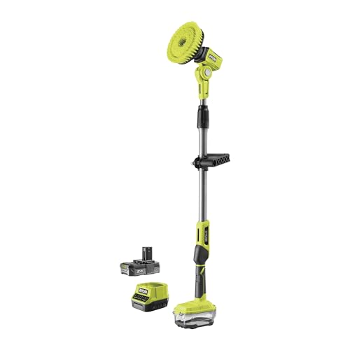 RYOBI 18 V ONE+ Akku-Reinigungsbürste R18TPS-120G (Reinigung durch elektrisch rotierende Bürsten, Bürstendurchmesser 15 cm, teleskopierbarer bis zu 1,4 m, inkl. 1 x 2,0Ah Akku & Ladegerät im Karton) von Ryobi