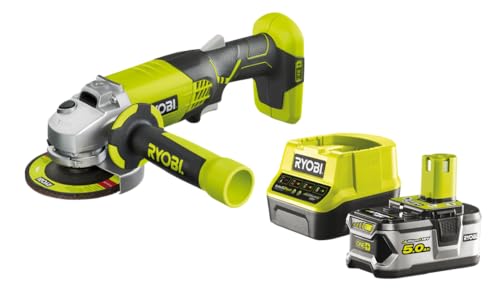 RYOBI 18 V ONE+ Akku-Winkelschleifer R18AG-150GZL (Scheibendurchmesser 115 mm, Leerlaufdrehzahl 0-7500 min-1, Bohrungs-Ø 22 mm, inkl. Schruppscheibe, 5,0 Ah Akku & Ladegerät im Karton) von Ryobi
