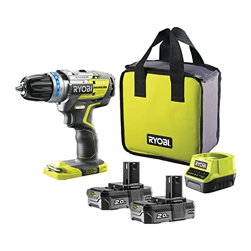 RYOBI 18 V ONE+ Brushless Akku-Schlagbohrschrauber R18PDBL-220S (2-Gang-Getriebe, max. Drehmoment 60 Nm, e-torque-Abschaltfunktion, Bohrfutter 13 mm, inkl. 2x2,0 Ah Akku & Ladegerät in Werkzeugtasche) von RYOBI