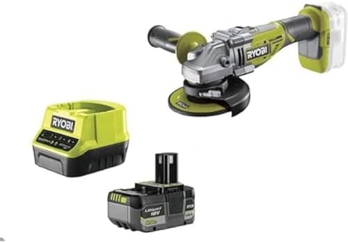 RYOBI 18 V ONE+ Brushless Akku-Winkelschleifer R18AG7-150GZL (Scheibendurchmesser 125 mm, Leerlaufdrehzahl 0-11.000 min-1, Bohrungs-Ø 22 mm, inkl. Schruppscheibe, 5,0Ah Akku & Ladegerät im Karton) von RYOBI
