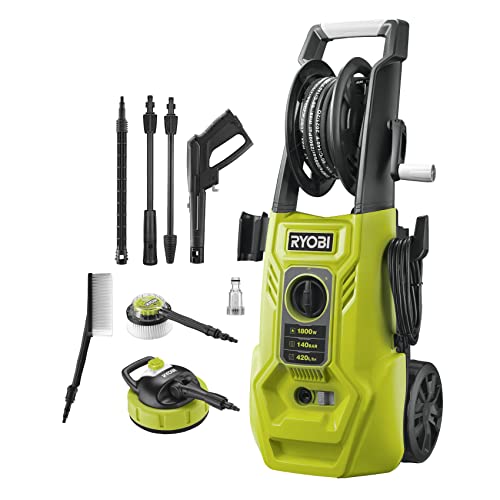 RYOBI 1800 W Elektro-Hochdruckreiniger RY140PWA-P, 140 bar Druck, 420 l/h Födermenge, 40° Wassertemp,Aluminiumpumpe,6m stahlarmierter Schlauch,5m Kabel,Vario und Turbo-Lanze,Flächenreiniger,2X Bürste von Ryobi