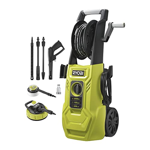 RYOBI 1800 W Elektro-Hochdruckreiniger RY150PWA (150 bar Druck, 450 l/h Fördermenge, 40° Wassertemperatur, Aluminiumpumpe, 8m stahlarmierter Schlauch, 5m Kabel, Vario und Turbo-Lanze, Flächenreiniger) von Ryobi