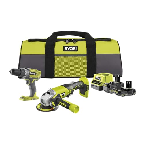 RYOBI 18 V ONE+ 6-tlg. Akku-Combo-Kit RCK182O-242SZL, Schlagbohrschrauber, Winkelschleifer, 2x Akkus (4,0Ah & 2,0Ah), Ladegerät, Werkzeugtasche von RYOBI