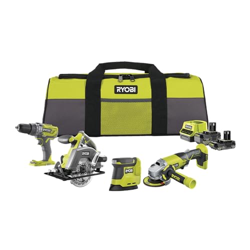 RYOBI 18V ONE+ 8-tlg. Akku-Combo-Kit RCK184O-242SZL, Schlagbohrschrauber, Winkelschleifer, Handkreissäge, Delta-Vibrationsschleifer, 2x Akkus (4,0Ah & 2,0Ah), Ladegerät, Werkzeugtasche von RYOBI