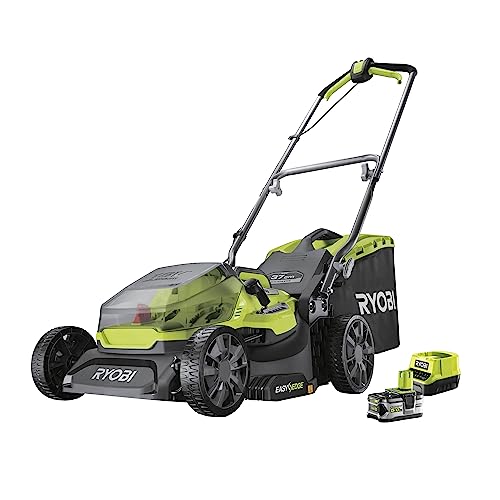 RYOBI 18 V ONE+ Akku-Rasenmäher RY18LMX37A-150 – 37 cm Schnittbreite, inkl. 5,0 Ah Akku & Ladegerät, bürstenloser Motor, für Rasenflächen bis 249 m² von RYOBI