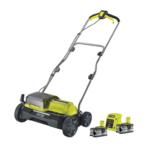 RYOBI 18V ONE+ Brushless Akku-Vertikutierer RY18SFX35A-240 (Arbeitsbreite 35cm, 4-stufige Tiefeneinstellung, Vertikutierwalze mit 16 Klingen, 55L Schmutzfangsack, inkl. 2x 4,0Ah Akku und Ladegerät) von Ryobi