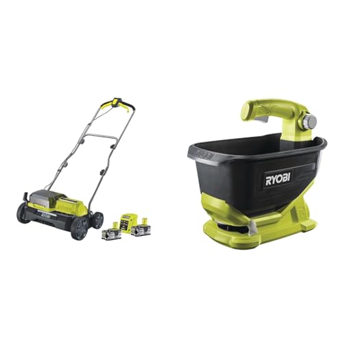 RYOBI 18V ONE+ Brushless Akku-Vertikutierer RY18SFX35A-240 & 18 V ONE+ Akku-Universalstreuer OSS1800 (4 Liter Tank, Streubreite einstellbar (2,5 bis 3,5 m) ohne Akku und Ladegerät), grün von Ryobi