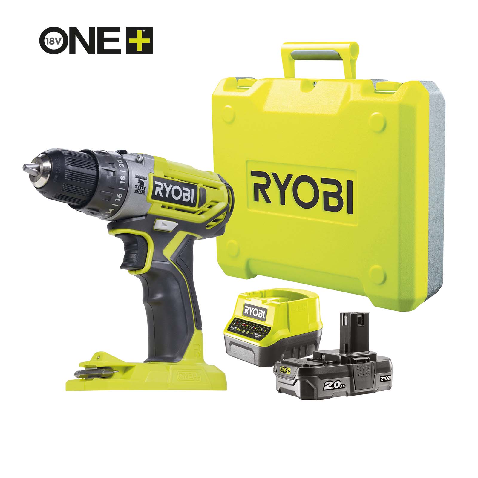 RYOBI Akku Schlagbohrschrauber R18PD2120B 18V 2Ah Bohrmaschine im Werkzeugkoffer von Ryobi