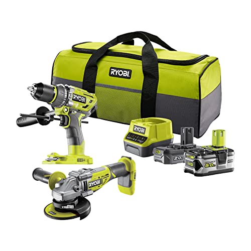 RYOBI - Duo BRUSHLESS: Schlagbohrschrauber & Winkelschleifer 125 mm – Lieferung in Transporttasche mit 2 Akkus 5 und 2 Ah und 1 Schnellladegerät – RCK182BL-252S von Ryobi