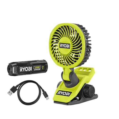 Ryobi 4 V USB-LITHIUM Akku-Clip-Ventilator RCF4-120G, 325°C drehbarer und um 180°C schwenkbarer Kopf, inkl. 1 x 4 V 2,0 Ah Akku und USB-C Ladekabel von Ryobi