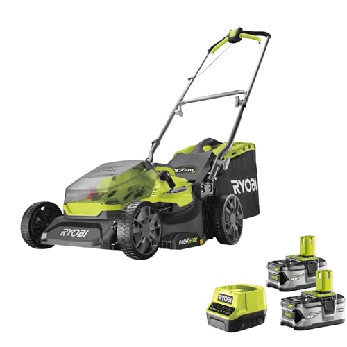 RYOBI 18 V ONE+ Akku-Rasenmäher RY18LM37A-240 (Schnittbreite 37 cm, 6-fache Höhenverstellung 20-70 mm, Variables Griffgestänge inkl. Mulchkeil, 2 x 4,0Ah Akku & Ladegerät) von Ryobi