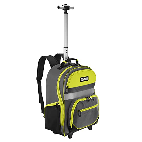 RYOBI Werkzeug-Rucksack RSSBP2 (integrierten Rollen, teleskopierbarem Griff, 600-Denier Polyester Korpus, Gepolsterte Schultergurte, 2x breite Innentaschen, eine mit Reißverschluss, mit Laptopfach) von Ryobi