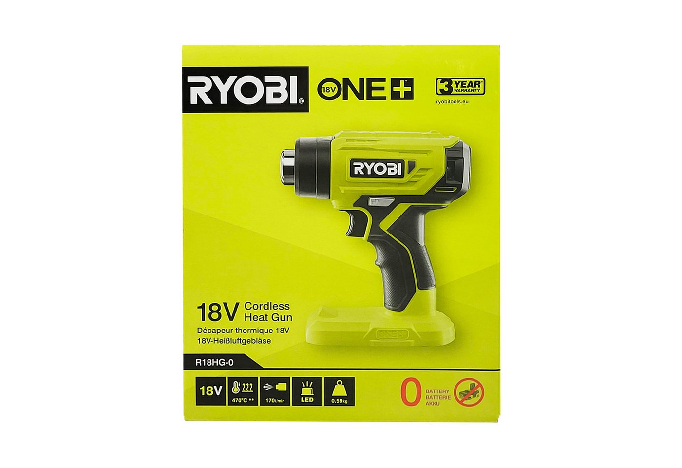 Ryobi Akku-Heißluftgebläse Ryobi R18HG-0 Akku-Heißluftgebläse 18 V ONE+ (ohne Akku und Ladegerät), (1-tlg) von Ryobi