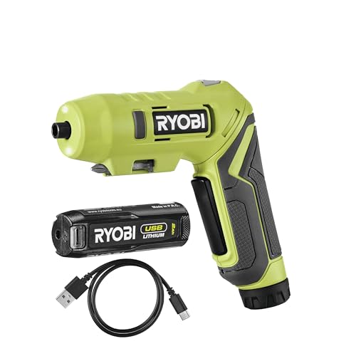 RYOBI 4 V Akku-Knickschrauber RSDP4-120G (Drehmoment 5 Nm, 2-Gänge, Leerlaufdrehzahl (min-1) 0-200/0-600, Werkzeugaufnahme 1/4” Hex,2-tlg. Zubehör, inkl. 1x 2,0Ah Wechselakku und USB-C Ladekabel) von Ryobi