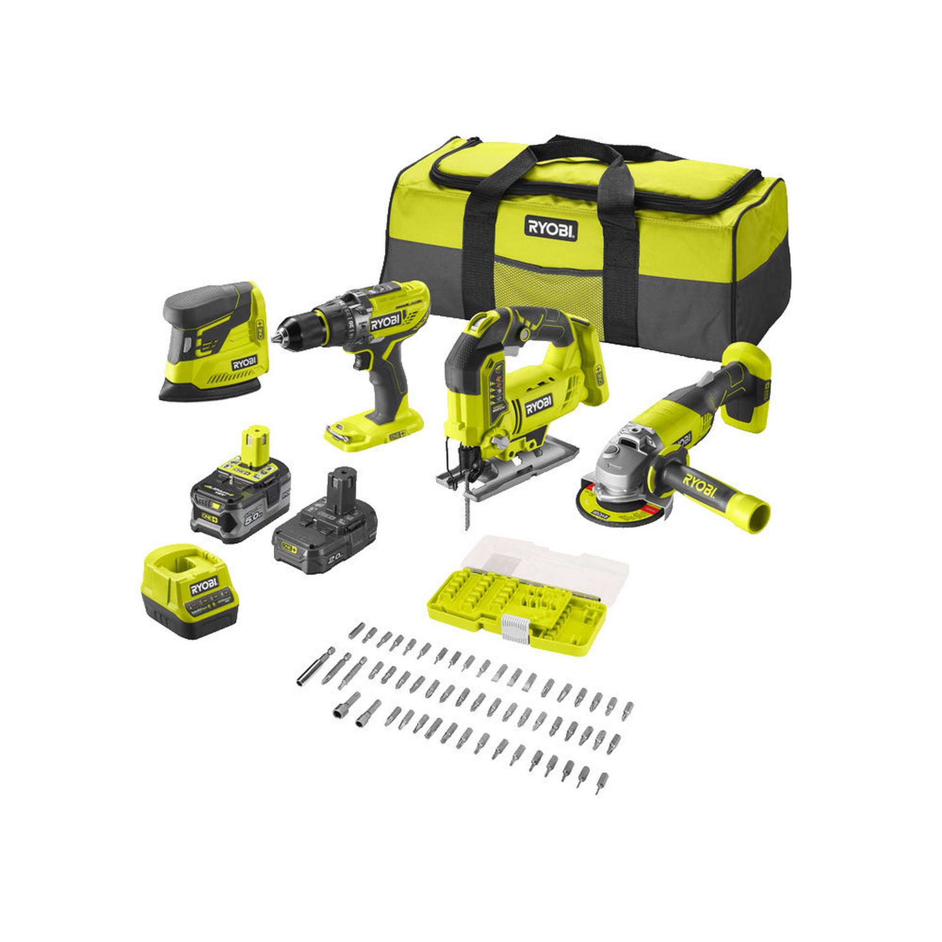Ryobi Combo Kit Akku-Schlagbohrschrauber, Winkelschleifer, Stichsäge, Delta-Vibrationsschleifer 'R18CK4F-252S' mit Akku, Werkzeugtasche und 55-teiligem Bit-Set Ryobi Combo Kit Akku-Schlagbohrschrauber, Winkelschleifer, Stichsäge, Delta-Vibrationsschleifer 'R18CK4F-252S' mit Akku, Werkzeugtasche und 55-teiligem Bit-Set von Ryobi