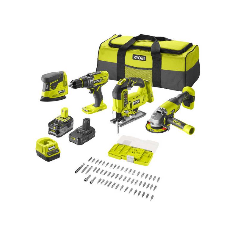 Ryobi Combo Kit Akku-Schlagbohrschrauber, Winkelschleifer, Stichsäge, Delta-Vibrationsschleifer 'R18CK4F-252S' mit Akku, Werkzeugtasche und 55-teiligem Bit-Set von Ryobi