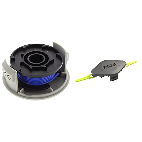 Ryobi Fadenspule RAC124 (für alle Ryobi 18 V ONE+ Akku und Hybrid-Rasentrimmer; 1,6mm) 5132002433, Grau, Schwarz, Blau & Doppelt gezackter Klingenkopf für RAC155 Edger Schwarz von Ryobi