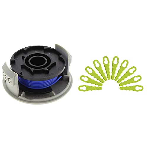 Ryobi Fadenspule RAC124 (für alle Ryobi 18 V ONE+ Akku und Hybrid-Rasentrimmer; 1,6mm) 5132002433, Grau, Schwarz, Blau & Ersatzmesser für Rasentrimmer, 10 er Set von Ryobi