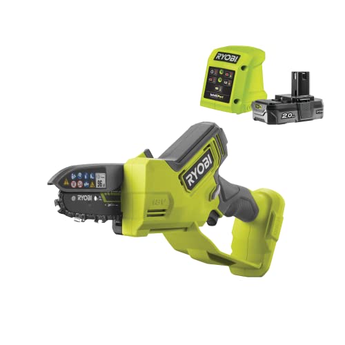 RYOBI 18 V ONE+ Brushless -Einhand-Kettensäge RY18PSX10A-120 (10 cm Schwertlänge, 8 cm Schnittkapazität, Kettengeschwindigkeit bis 6,0 m/s -Variabel einstellbar, inkl. 1x 2,0 Ah Akku & Ladegerät) von Ryobi