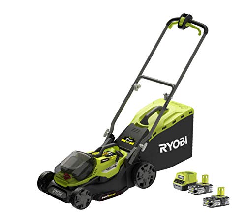 Ryobi Hybrid Rasenmäher (Akku- / Netzbetrieb, Schnittbreite 37 cm, inkl. 2 Akkus 2,5 Ah, Grasfangsack 45 l, mulchtauglich, Schnitthöhenverstellung) RY18LMH37A-225 von Ryobi