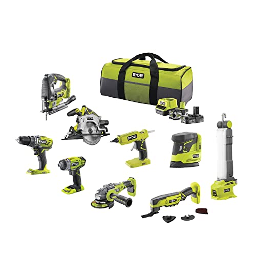 Ryobi 18 V ONE+ Akku-Combo-Set, 9-teiliges Elektrowerkzeugset: Bohrschrauber, Schlagschrauber, Winkelschleifer, Multitool, Heißklebepistole, Handkreissäge, Stichsäge, Delta-Schleifer, Stableuchte, Akkus, Ladegerät & Tasche Ryobi 18 V ONE+ Akku-Combo-Set, 9-teiliges Elektrowerkzeugset: Bohrschrauber, Schlagschrauber, Winkelschleifer, Multitool, Heißklebepistole, Handkreissäge, Stichsäge, Delta-Schleifer, Stableuchte, Akkus, Ladegerät & Tasche von Ryobi