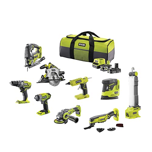 Ryobi 18 V ONE+ Akku-Kombi-Set, 9-teiliges Elektrowerkzeug-Set: Bohrschrauber, Schlagschrauber, Winkelschleifer, Multitool, Heißklebepistole, Handkreissäge, Stichsäge, Deltaschleifer, Stablampe, A von Ryobi