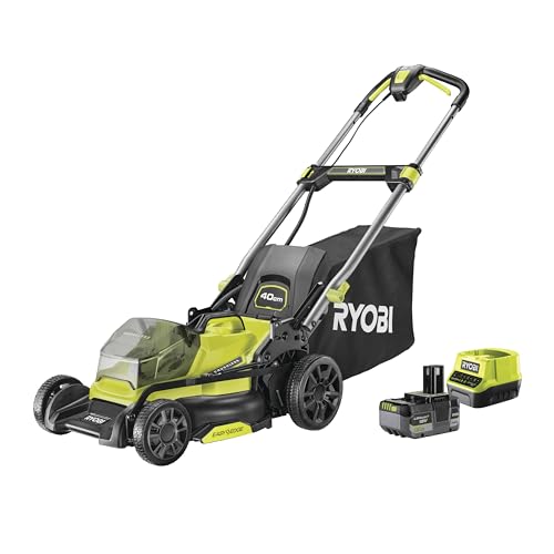 RYOBI 18 V ONE+ Brushless Akku-Rasenmäher RY18LMX40C-150 (Schnittbreite 40 cm, 7-fache Höhenverstellung 25-75 mm, Flächen bis 600m², Variables Griffgestänge inkl. Mulchkeil, 1x5,0Ah Akku & Ladegerät) von Ryobi