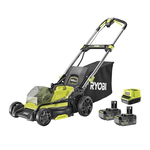 RYOBI 18 V ONE+ Brushless Akku-Rasenmäher RY18LMX40C-240 (Schnittbreite 40 cm, 7-fache Höhenverstellung 25-75 mm, Flächen bis 600m², Variables Griffgestänge inkl. Mulchkeil, 2x4,0Ah Akku & Ladegerät) von Ryobi