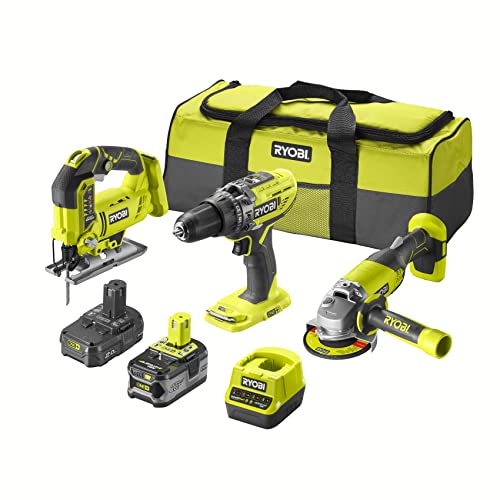 RYOBI - Trio One+ 18 V: Schlagbohrmaschine + Stichsäge + Winkelschleifer + 2 Akkus (2,0 Ah und 4,0 Ah) + Schnellladegerät - Lieferung in 1 großer Tragetasche von Ryobi