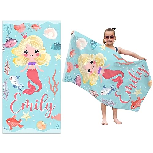 Ryoizen Personalisierte Strandtuch 160 x 80 cm Kinder Benutzerdefinierte Name Mikrofaser Badetuch Schnell Trocknend Strandlaken Handtuch Sandfrei Handtücher Sommer Leicht Stranddecke,Mermaid Cartoon von Ryoizen