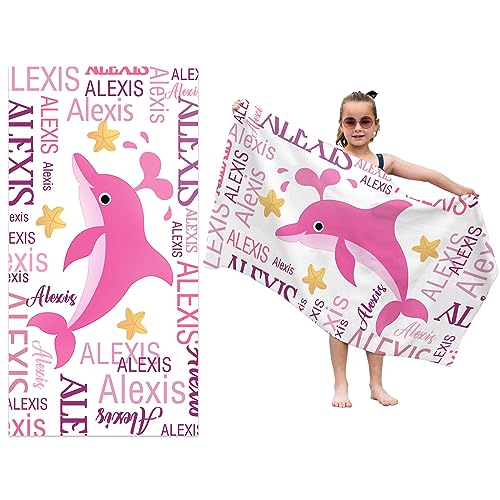 Ryoizen Personalisierte Strandtuch 160 x 80 cm Kinder Benutzerdefinierte Name Mikrofaser Badetuch Schnell Trocknend Strandlaken Handtuch Sandfrei Handtücher Sommer Leicht Stranddecke,Pink Dolphin von Ryoizen