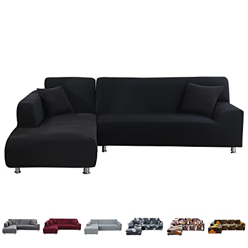 Ryoizen Sofa Überwürfe L Form Sofabezug Elastische Stretch Sofa Abdeckung 2er Set für 1 Sitzer + 2 Sitzer Couchbezug Sofahusse Ecksofa Antirutsch Eckcouch überwurf,Schwarz von Ryoizen