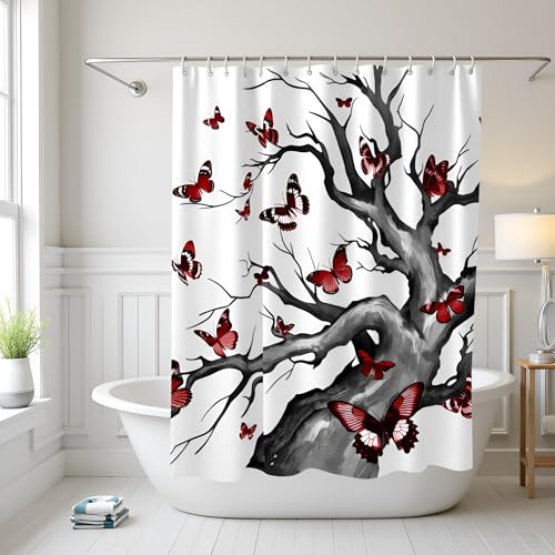 RyounoArt Duschvorhang Baum des Lebens Schmetterling Badezimmer Vorhang Rot und Schwarz Badezimmer Dekor Heimdekoration mit Haken 182,9 x 182,9 cm RyounoArt Duschvorhang Baum des Lebens Schmetterling Badezimmer Vorhang Rot und Schwarz Badezimmer Dekor Heimdekoration mit Haken 182,9 x 182,9 cm von RyounoArt