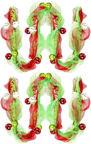 Weihnachtskranz mit roten und grünen Kugeln und gestreiftem Band, zur Verschönerung von Treppen, Kaminsims und Eingangsdekorationen (2,7 m) von Rysydant
