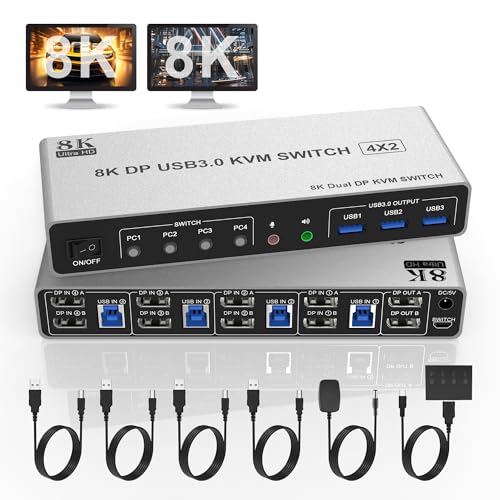 8K@60Hz Displayport USB 3.0 KVM Switch 2 Monitore für 4 Computer 8K@60Hz 4K@144Hz, DP1.4 Dual Monitor Displayport KVM Switch 4 Ports mit Audioausgang und 3 USB 3.0, 8K DP Monitor Switch für 4 PCs von Rytaki