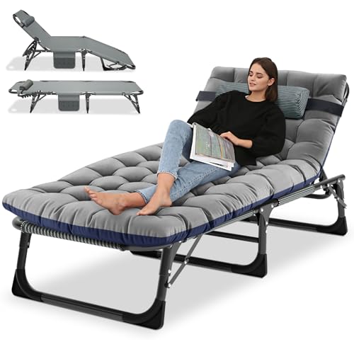 Ryuhic's Folding Sun Lounger: Rustikale, strapazierfähige Garten-Sonnenliege mit Matratze, Kopfstütze und Seitentaschen, verstellbare Rückenlehne, für Zuhause, Büro, Terrasse, Pool und Strand von Ryuhic