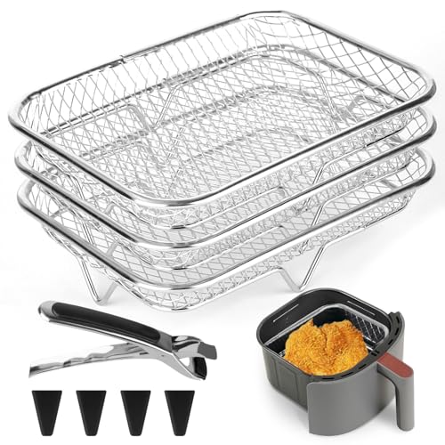 Rzspher 3 Stück Gitter für Heißluftfritteuse, 3 Lagig Stapelbares Luftfritteusen Regal, 304 Edelstahl, mit 4 Silikonfüßen 1 Pinzette, für Backofen Airfryer Zubehör Rechteckig von Rzspher
