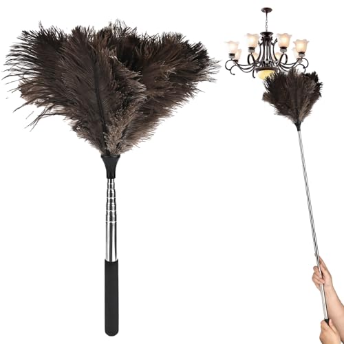 Rzspher Teleskop Staubwedel Straußenfedern, 43CM-115CM Staubwedel Lang Ausziehbar, Anti Statik, Perfekt für Hohe Oberflächen, Deckenventilatoren und Empfindliche Einrichtungen von Rzspher