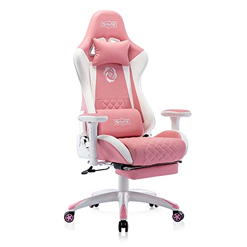 S*MAX Gaming Stuhl Pink mit Fußstütze Verdickter Sitz Gaming Stuhl rosa mit 3D Armlehne Lendenwirbelstütze aus PU Leder Racing Style Videospielstühle mit hoher Rückenlehne für Erwachsene Rosa von S*MAX