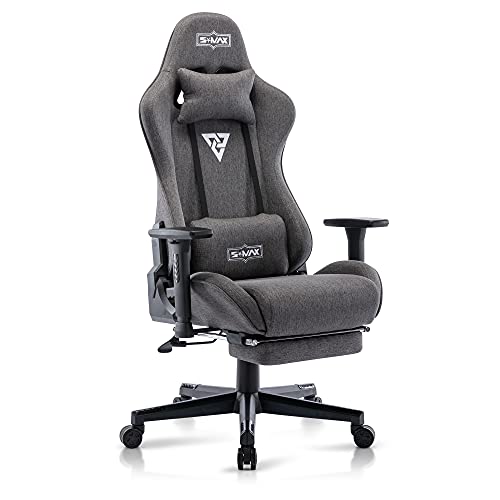 S*MAX Gaming Stuhl Stoff Grau mit Fußstütze Verdickter Sitz Gamer Stuhl 3D Armlehne Videospielstühle mit hoher Rückenlehne ergonomischer Gaming Stuhl für Erwachsene von S*MAX