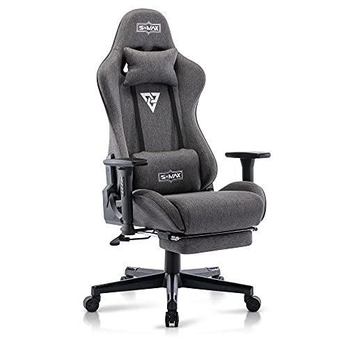S*MAX Gaming Stuhl Stoff mit Fußstütze Verdickter Sitz Gamer Stuhl mit 3D Armlehne und Lendenwirbelstütze PU Leder Videospielstühle mit hoher Rückenlehne ergonomischer Gaming Stuhl für Erwachsene Grau von S*MAX