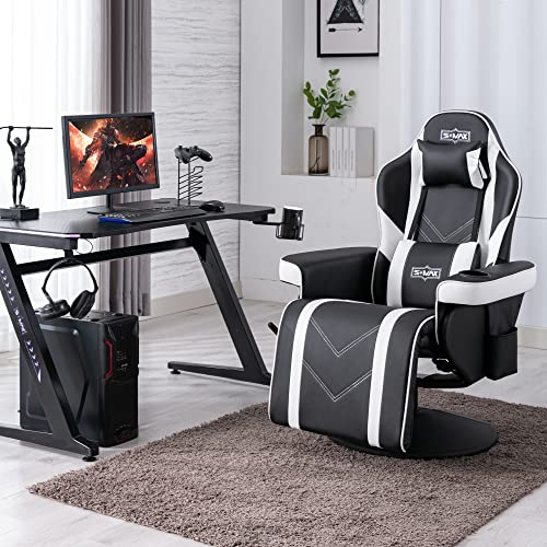 S*MAX Gaming Stuhl mit Fußstütze Gaming Sessel hoher Rückenlehne mit Verstellbarer Rückenlehne Becherhalter Seitentasche Gamer Stühle für Erwachsene Schwarz Weiß X Large von S*MAX