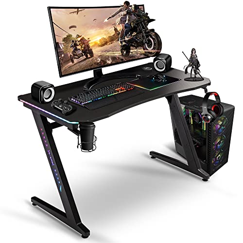 S*MAX Gaming Tisch mit LED Gaming Schreibtisch Kohlefaser Finish Kabelloses Aufladen USB Pad PC Computertisch echter RGB Bein Gaming Tisch 120cm Getränkehalter Kopfhörerhaken Schwarz von S*MAX