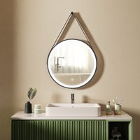 Badspiegel mit Beleuchtung Rund led Badezimmerspiegel mit Touch und kaltweißes Licht Schwarzer Rahmen verstellbarer Ledergürtel,50cm - S'afielina von S'AFIELINA